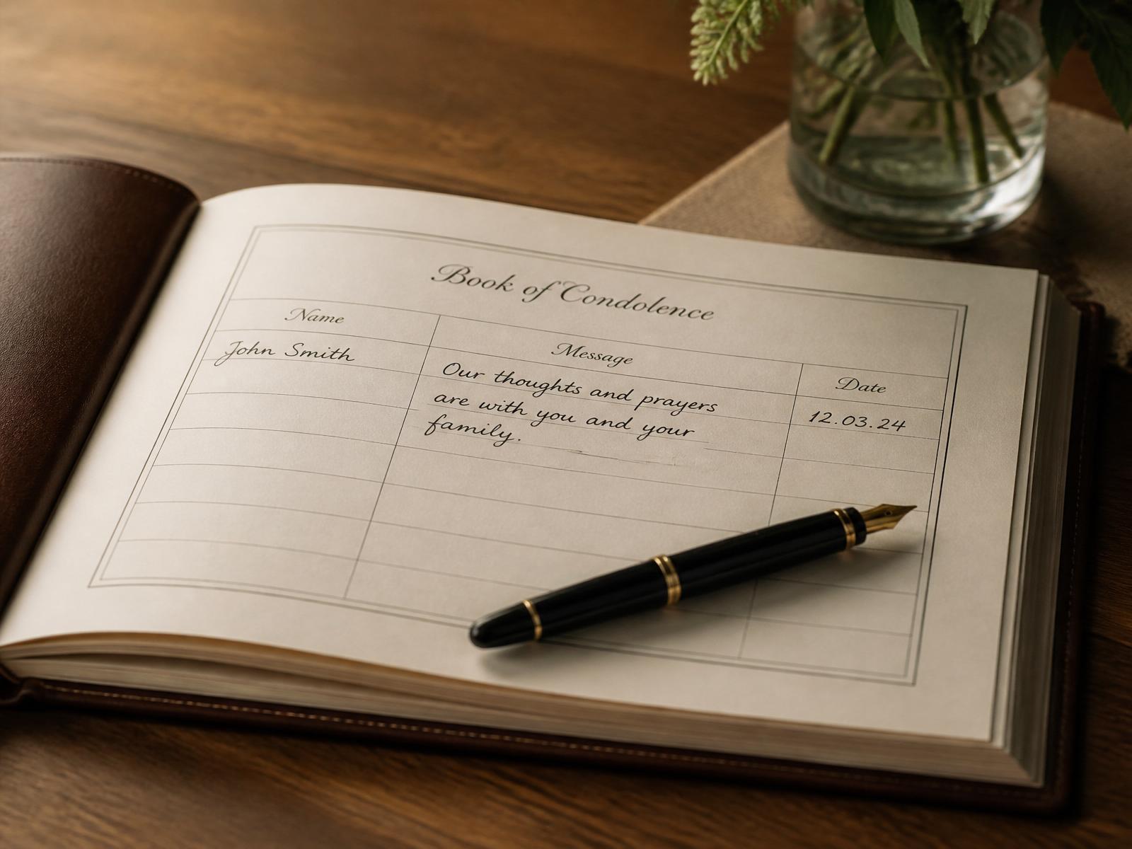 An open book of condolence with a fountain pen