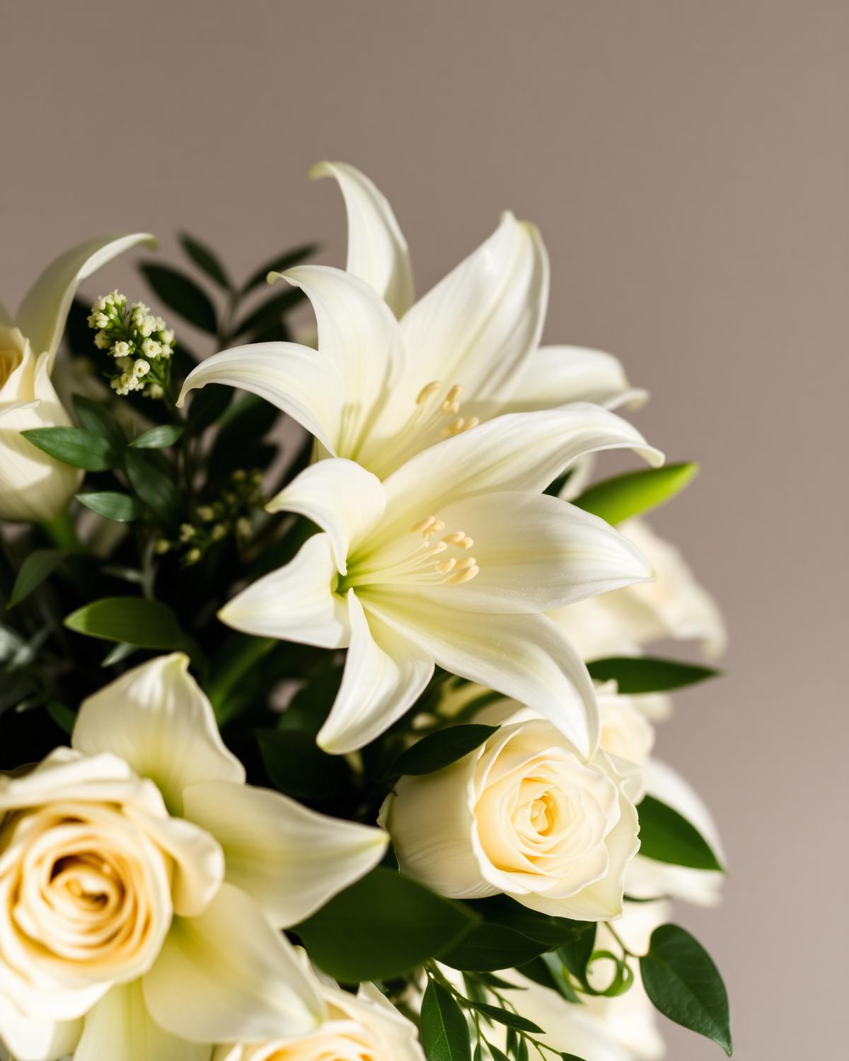 A floral tribute of white lilies and cream roses